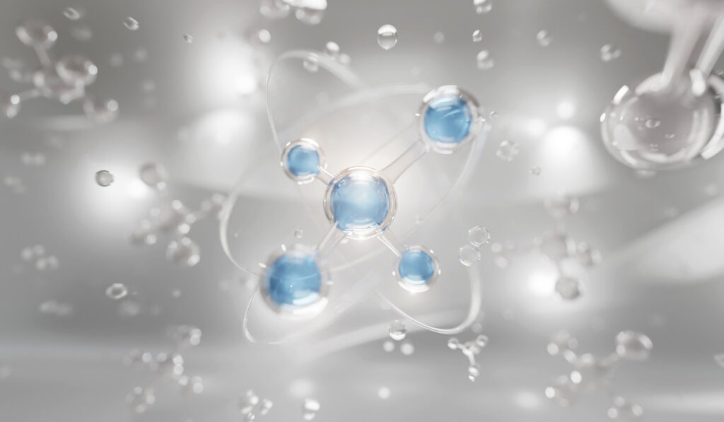 realistic molecules background. science illustration of a cream molecule. hyaluronic acid skin solutions advertising, collagen serum drop with cosmetic advertising background. 3d rendering.