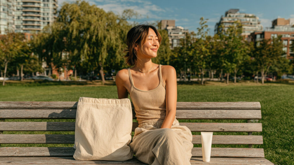 happy woman in a city park with sunscreen tube, daily urban uv protection concept.