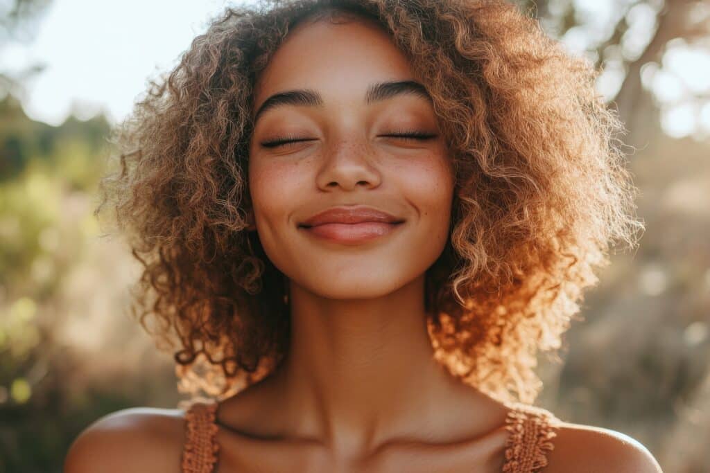 beautiful young woman smiling with eyes closed and enjoying sunlight in nature