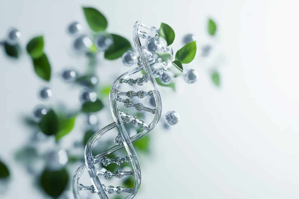 exploring the relationship between dna, gene therapy, and biochemistry in a plant laboratory setting on a white background