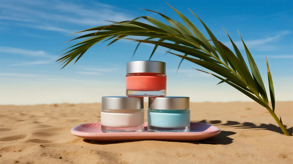 makeup bottle on the beach