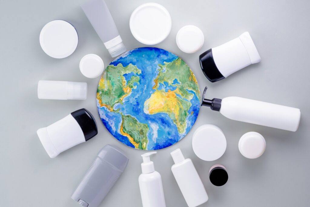 waste cosmetic recycling products. save the planet. environmental protection and sustainability concept. flat lay.