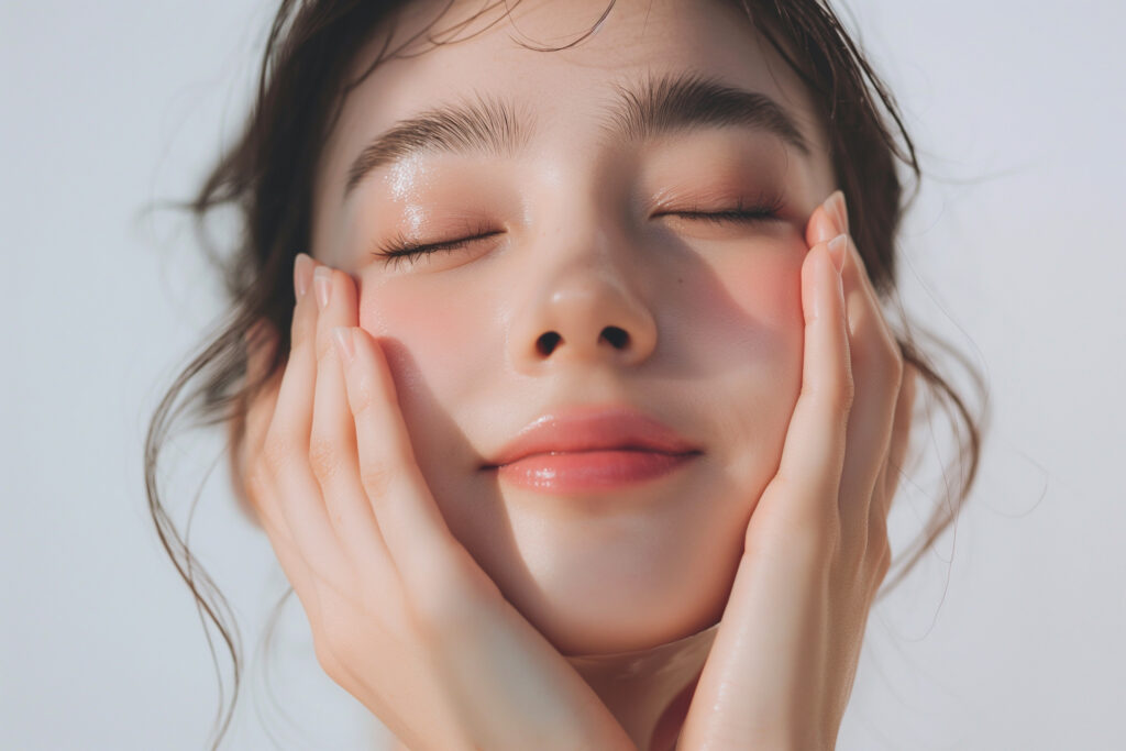顔を触っている女性、スキンケア、美容広告のイメージ、笑顔