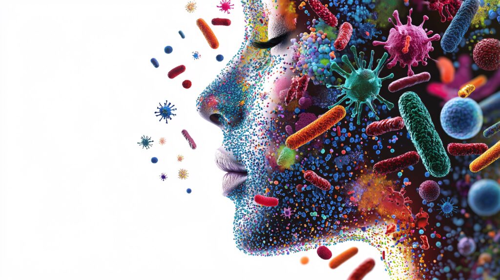 a vibrant array of bacteria and microorganisms highlights the essential role of skin microbiome diversity for overall skin health.