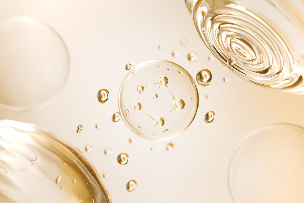 cosmetic moisturizing liquid bubble with molecule, oil or lotion 3d illustration.