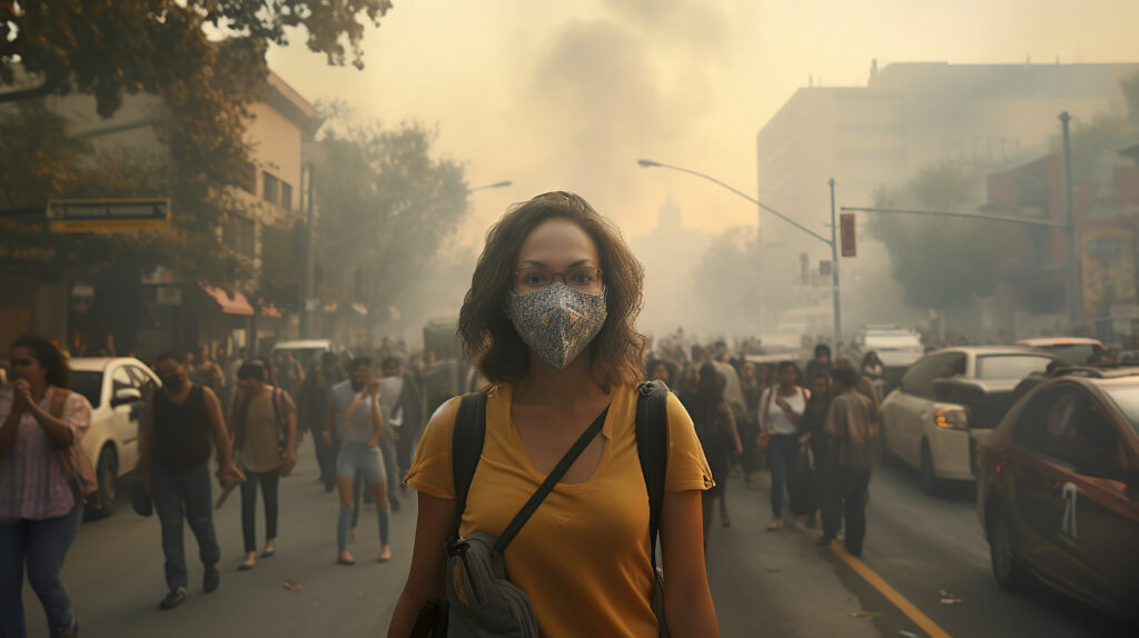 people wearing medical masks, respiratory protection against pm2.5 air pollution. smog city with bad weather pm2.5 city air pollution concept. generative ai