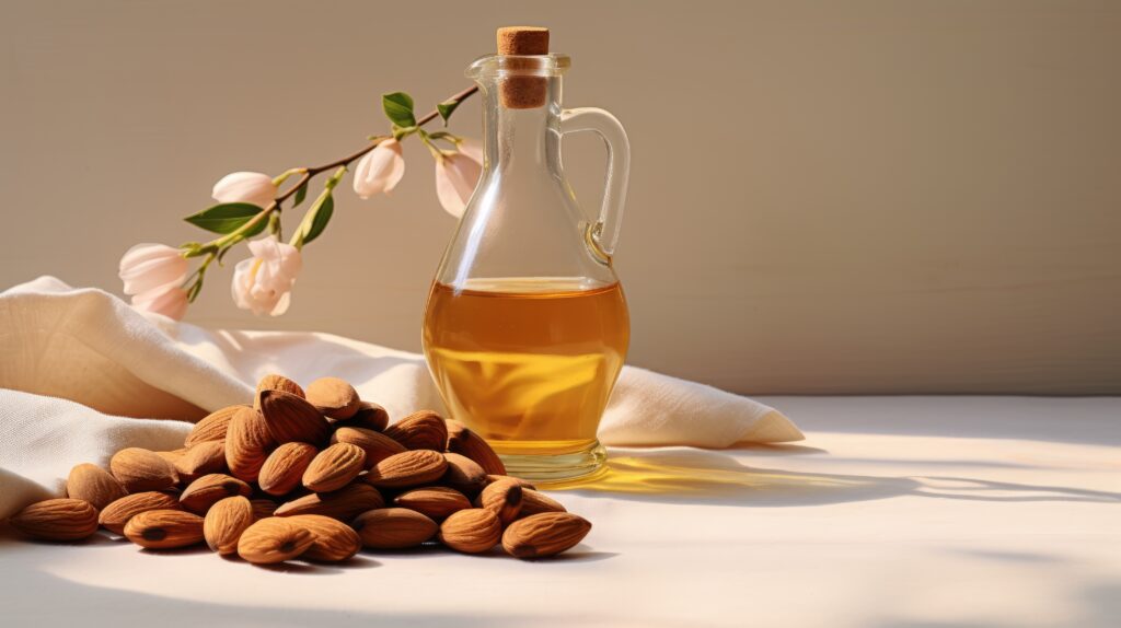 a glass bottle of almond oil and almonds on the table. cosmetic oil for skin care.