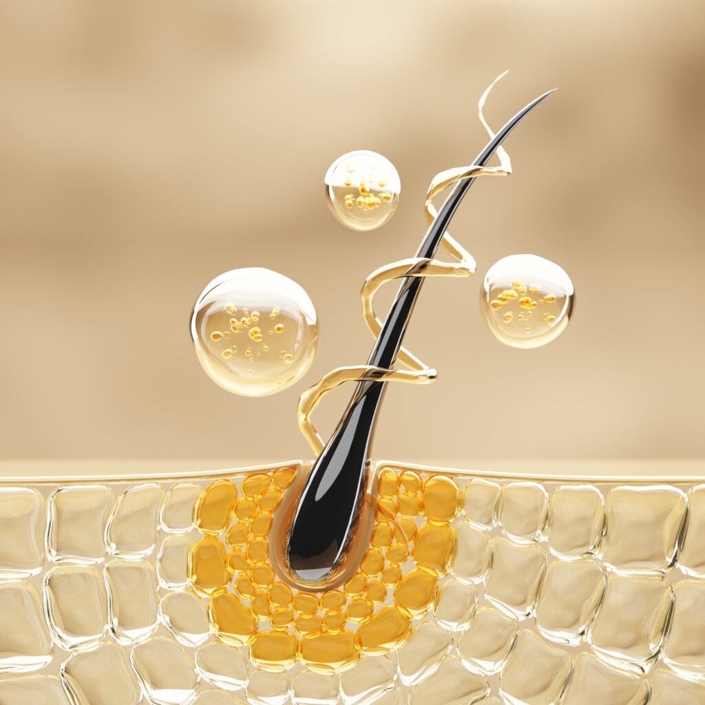 high quality 3d illustration depicting hair follicle nourishment with essential oils, representing deep hydration, scalp care, and advanced hair treatment for stronger, healthier hair.