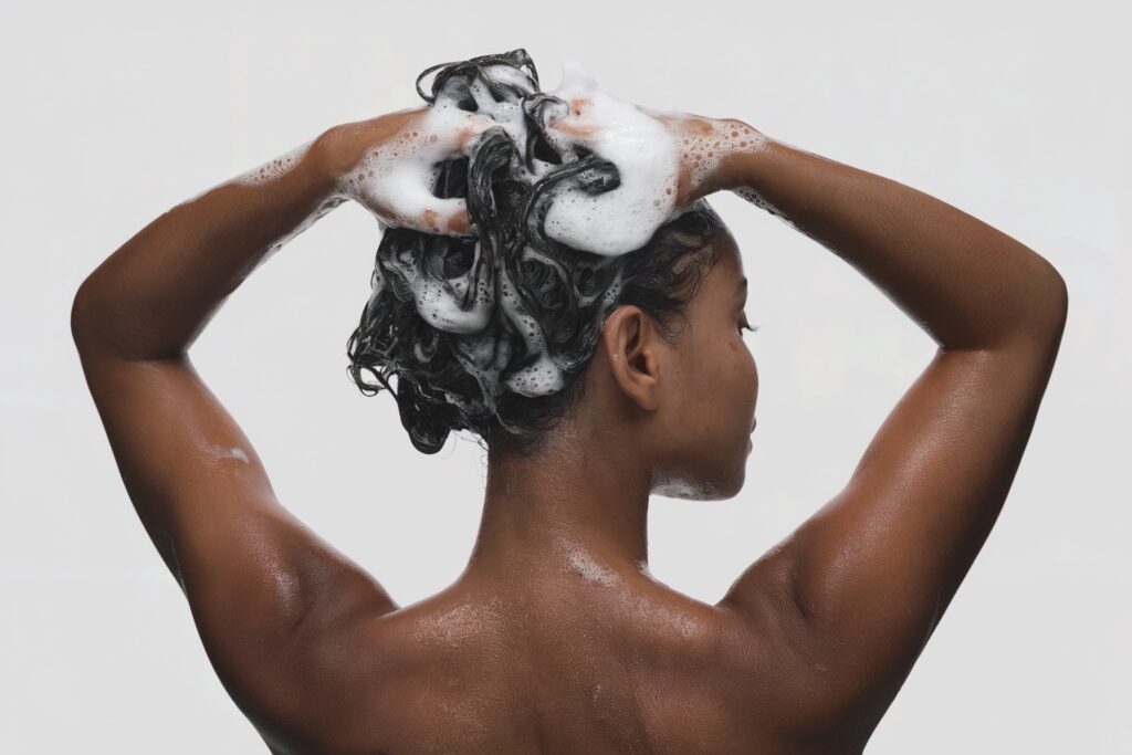 back view of a black woman washing her hair with shampoo, arms raised and lather visible