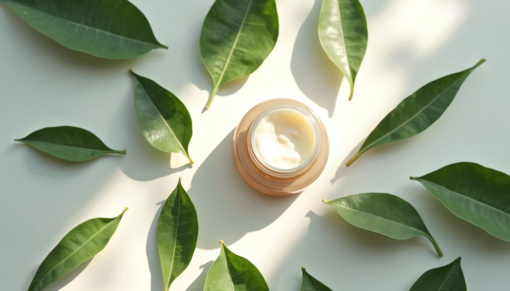 top view of beauty cream in jar surrounded by green leaves on white background. organic skincare product with light soft shadows, natural cosmetics for facial treatment. wellness concept.