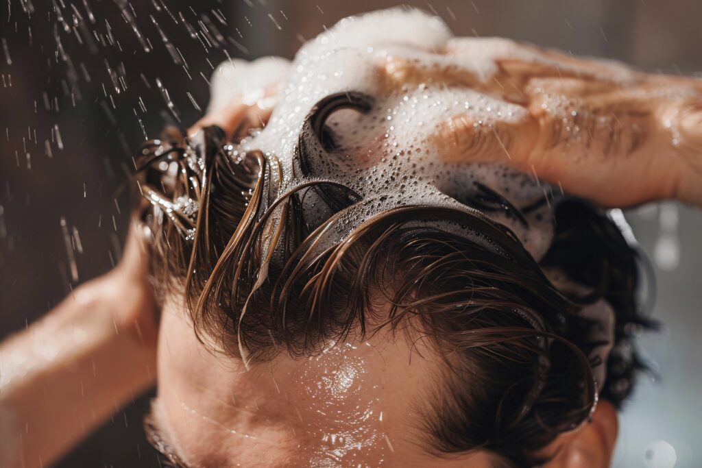 a close up shot of a man massaging shampoo into his scalp