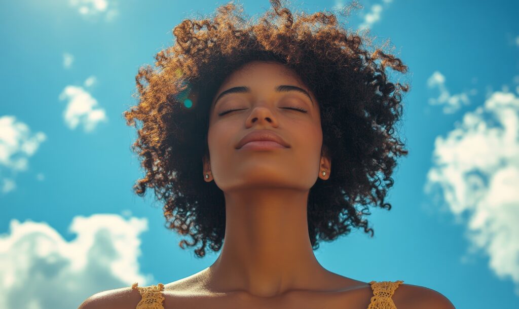 woman, deep breathing and meditation in nature and blue sky for mindfulness and spirituality. serene, peaceful and stress free for mental health wellbeing, religion and worship practise, generative ai