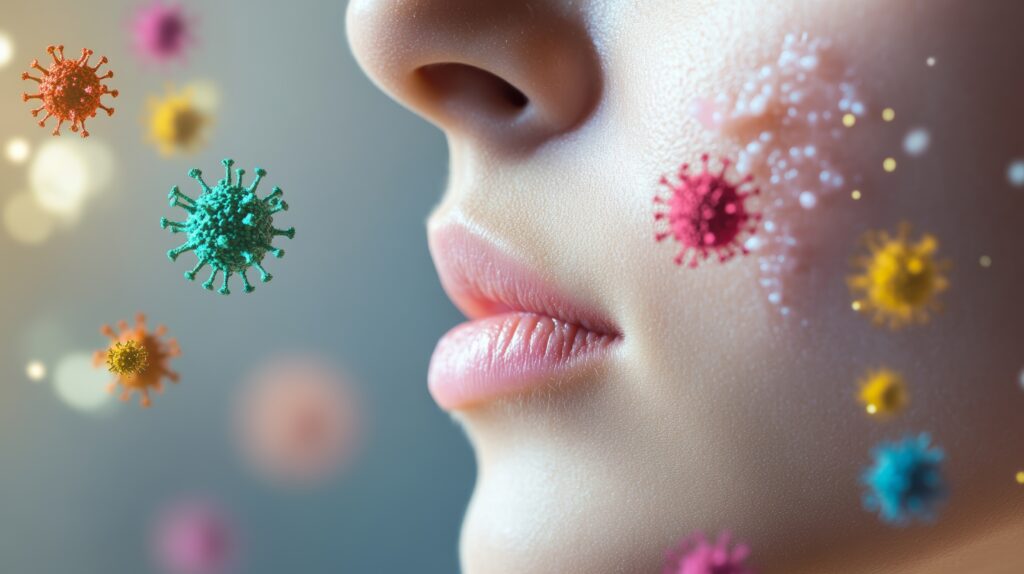 close up of cheek with vibrant virus particles signifying skin irritants