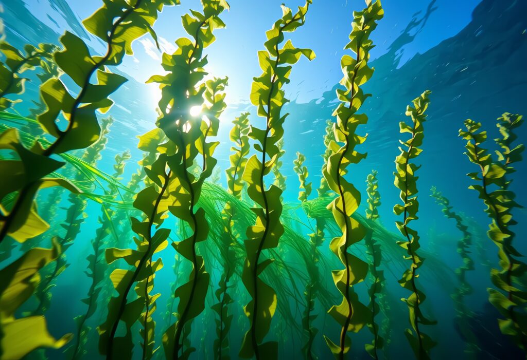 sun dappled kelp forest, swaying gently in a tranquil underwater scene, seabed, marine