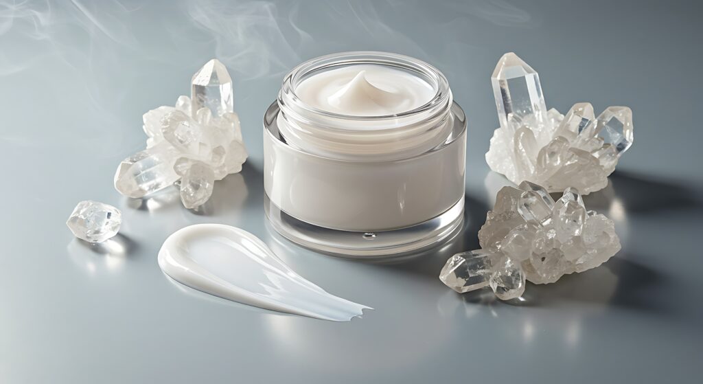 luxurious moisturizing cream with quartz crystal accents on stylish background