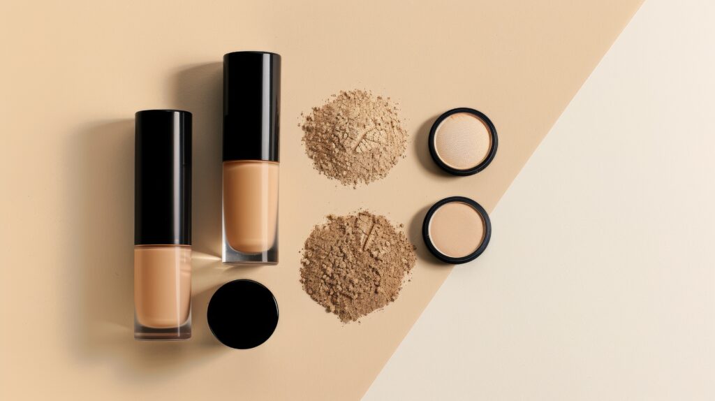 two bottles of liquid foundation and two powder foundation compact cases on beige background