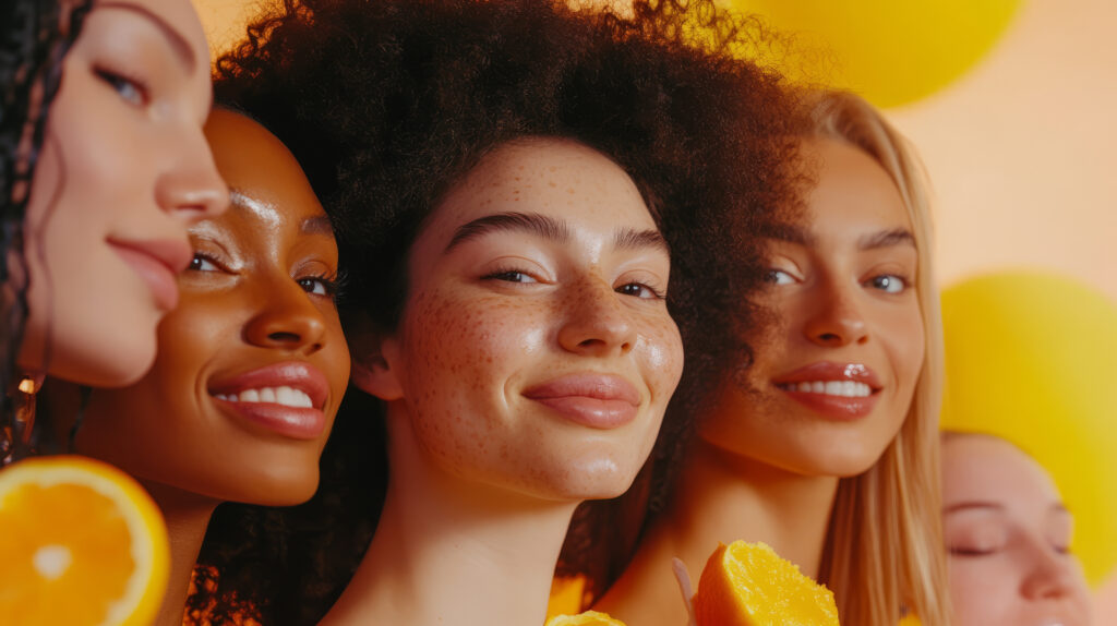 inclusive beauty products for all ages and skin types, with a diverse group of people showcasing natural, glowing skin in a vibrant, empowering environment
