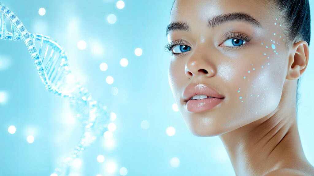 futuristic beauty and skincare: radiant woman with dna helix background