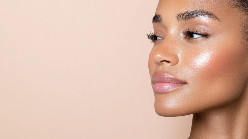 close up of woman with glowing skin and natural makeup, showcasing beauty