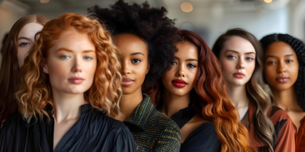 diverse group of women with various skin tones and hair types. concept women empowerment, diversity, inclusivity, beauty diversity, female strength