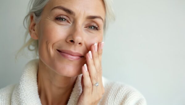 mature woman touching smooth, healthy skin, focusing on anti aging, skincare. smiles gently, radiant complexion, wrinkle free appearance. ideal for cosmetic, spa, bodycare promotions emphasizing