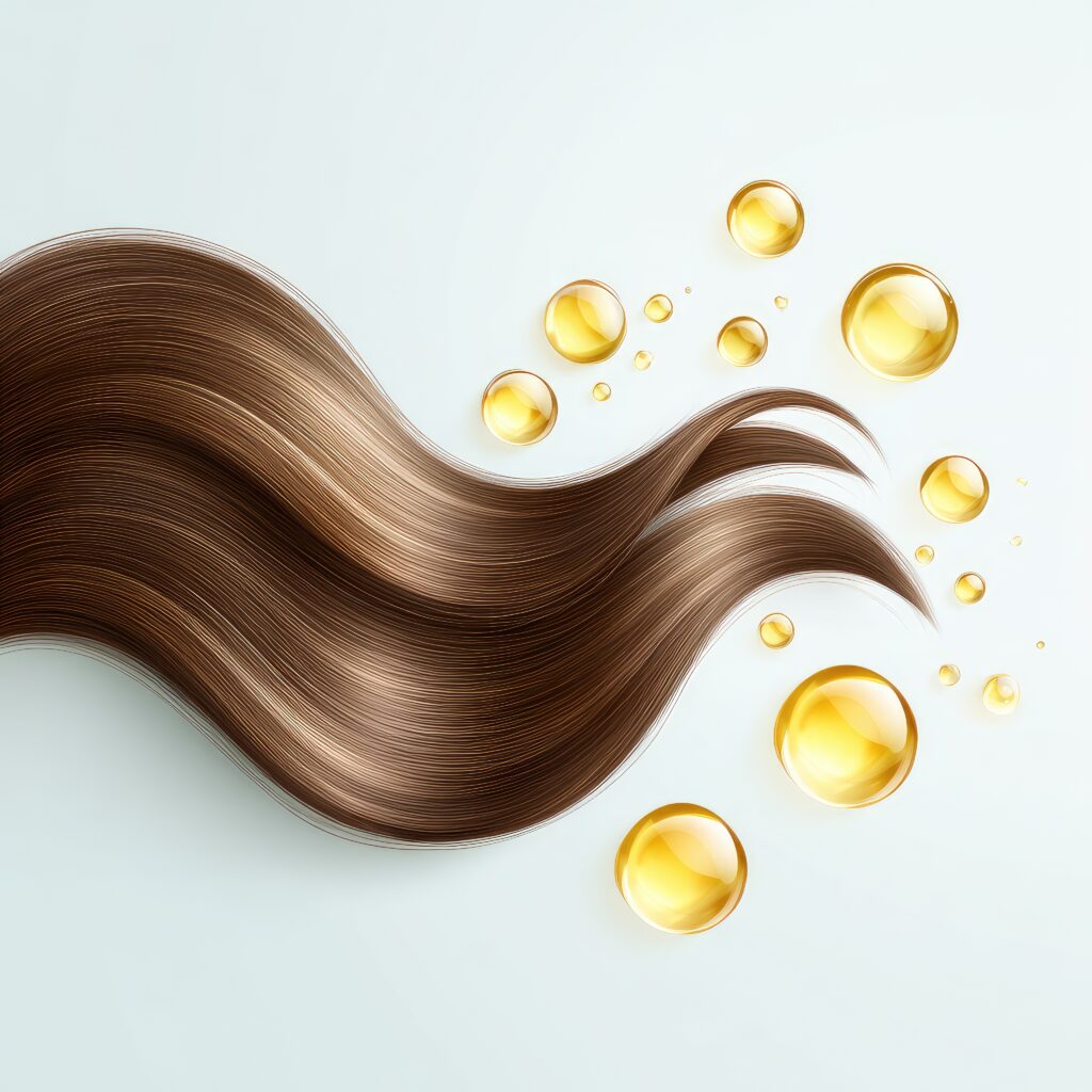 healthy, shiny hair with serum drops