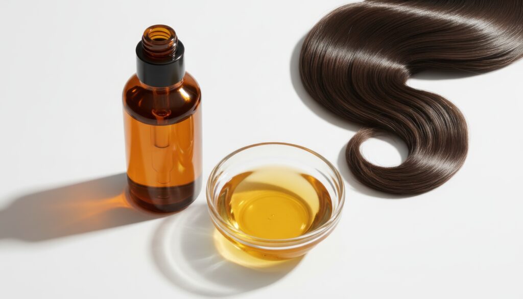 natural hair oil treatment in amber glass bottle and bowl, shiny brunette hair lock on white background, organic beauty serum for hair care