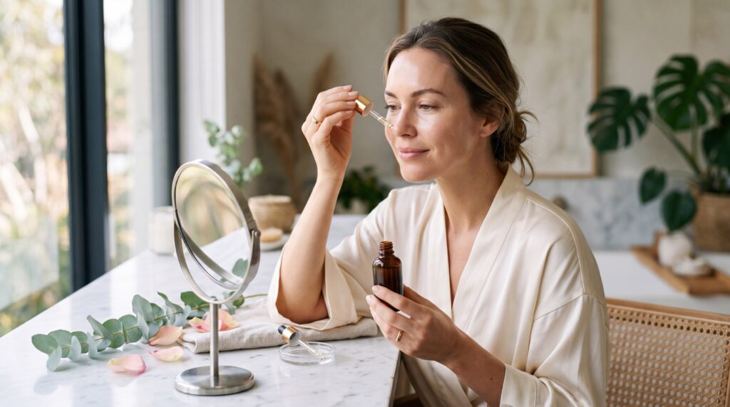 woman applying facial serum treatment with dropper, sitting at marble vanity table with mirror, natural light, relaxed mood, skincare routine, morning beauty ritual, healthy glowing skin