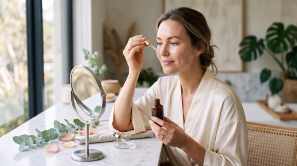 woman applying facial serum treatment with dropper, sitting at marble vanity table with mirror, natural light, relaxed mood, skincare routine, morning beauty ritual, healthy glowing skin