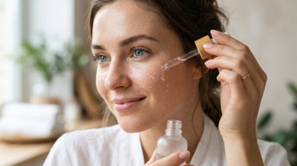 close up of woman face with clear skin and blue eye applying serum with dropper for skincare hydration and beauty treatment with water droplets on skin surface, premium commercial stock image, neutral