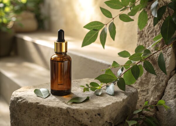 natural serum dropper on stone with leaves