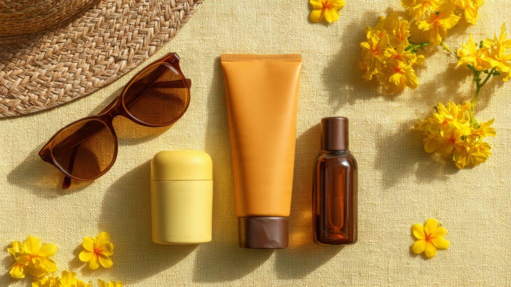 summer skincare essentials and sun protection flat lay on yellow