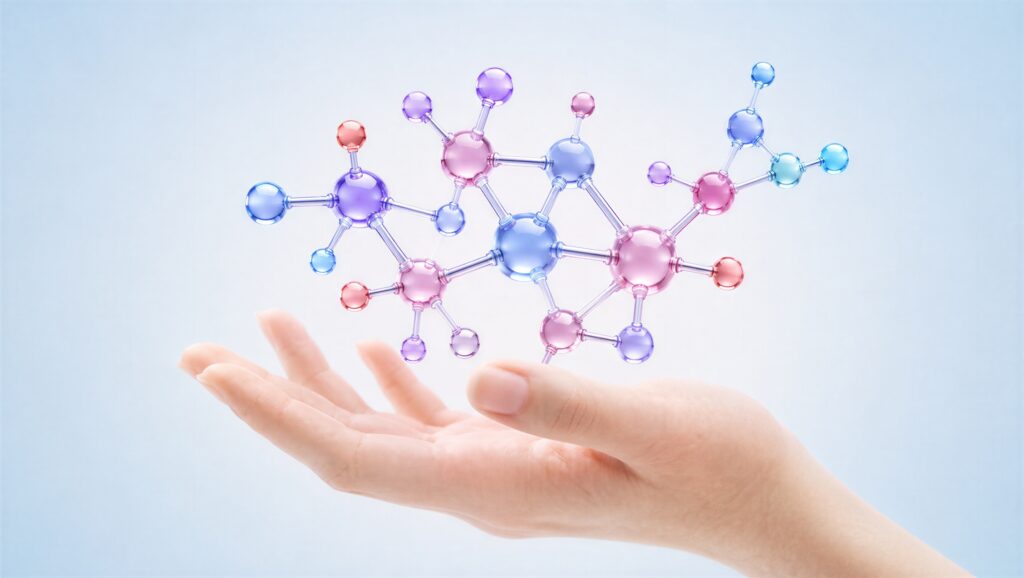 woman hand holding virtual 3d molecule structure of cosmetic ingredient. biotechnology concept for skincare and cellular regeneration. scientific anti age research for modern beauty industry.