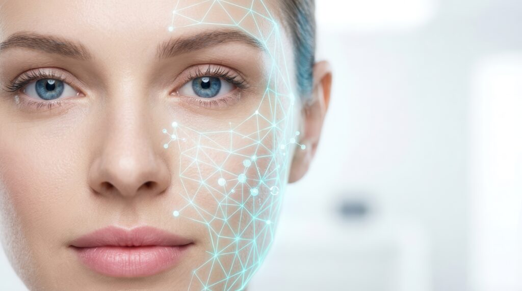 close up of a woman's eye featuring digital peptide visualization and skincare analysis.