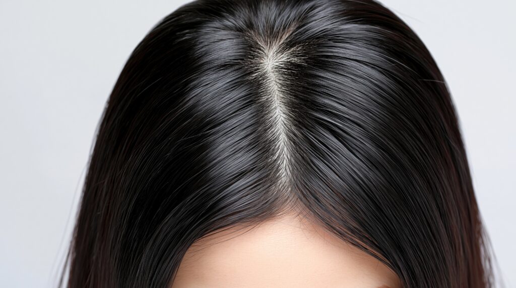 close up of healthy dark hair parting with scalp visible, showcasing hair growth and texture
