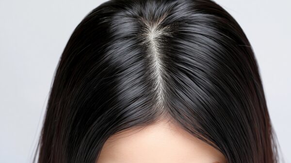 close up of healthy dark hair parting with scalp visible, showcasing hair growth and texture