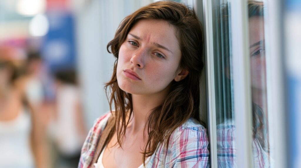 young woman leaning on glass wall looking thoughtful with sad and pensive expression outdoors during daytime in casual attire with loose hair in urban environment