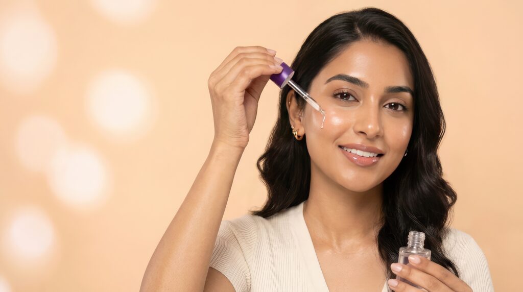 smiling young woman applying facial serum dropper product for hydrated glowing skin care