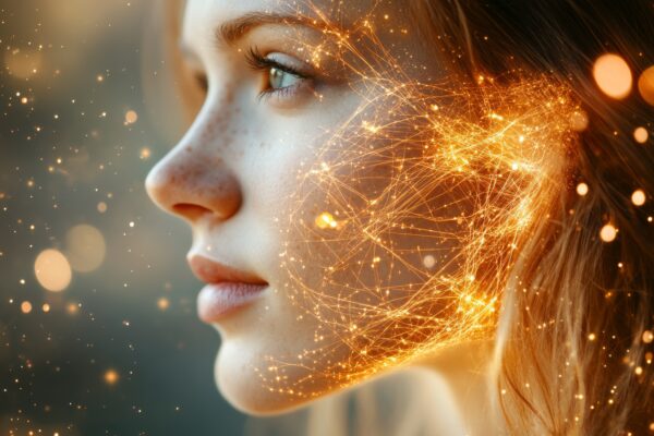 close up profile of a young woman with glowing gold particles and neural light patterns surrounding her face symbolizing beauty youth and brilliance of creative thought in a dreamlike atmosphere