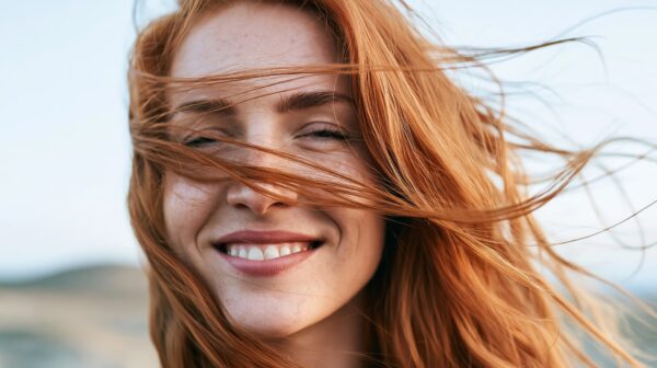 happy red haired woman smiling cheerfully, her long hair blowing across her face in the warm backlight of an outdoor setting