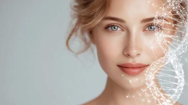 young woman with captivating features and gentle expression surrounded by a dna strand overlay, symbolizing beauty and science in a minimalist setting