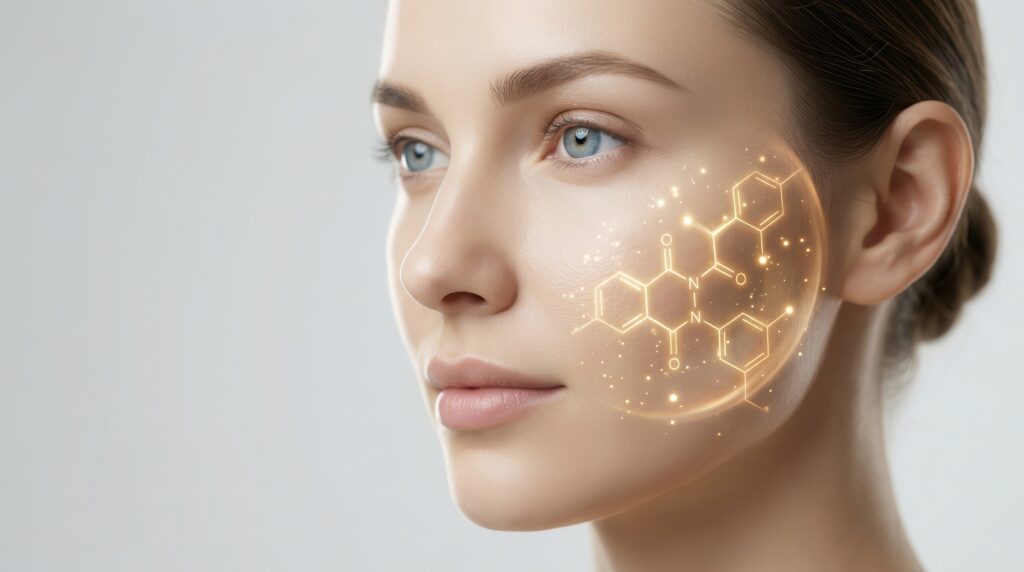 peptide skincare visualization on a woman's face representing ingredient science and beauty treatment.