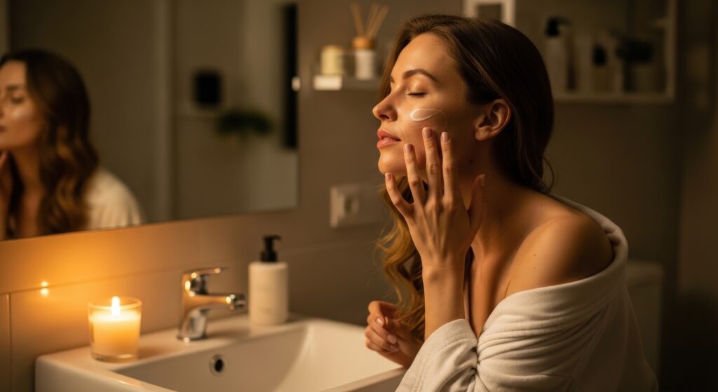 woman applying skincare cream in bathroom at night, relaxed selfcare routine by candlelight, healthy glowing complexion, serene evening ritual