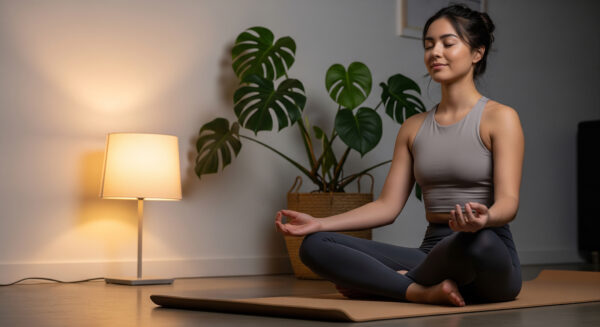 young woman meditating on the floor in a dimly lit room perfect for peaceful mindfulness spiritual relaxation and healthy lifestyle concept