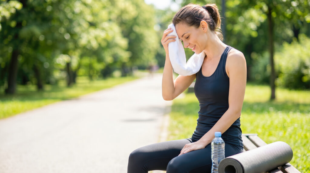 smiling fitness woman wiping sweat towel resting park bench near water bottle yoga mat outdoor summer exercise healthy active sports training lifestyle