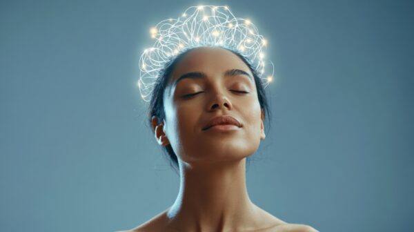 young woman with closed eyes and calm expression illuminated by glowing neural network and light effect around head representing mind focus and mental clarity