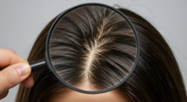 scalp pores enlarged with a magnifying glass. hair loss, scalp care concept.