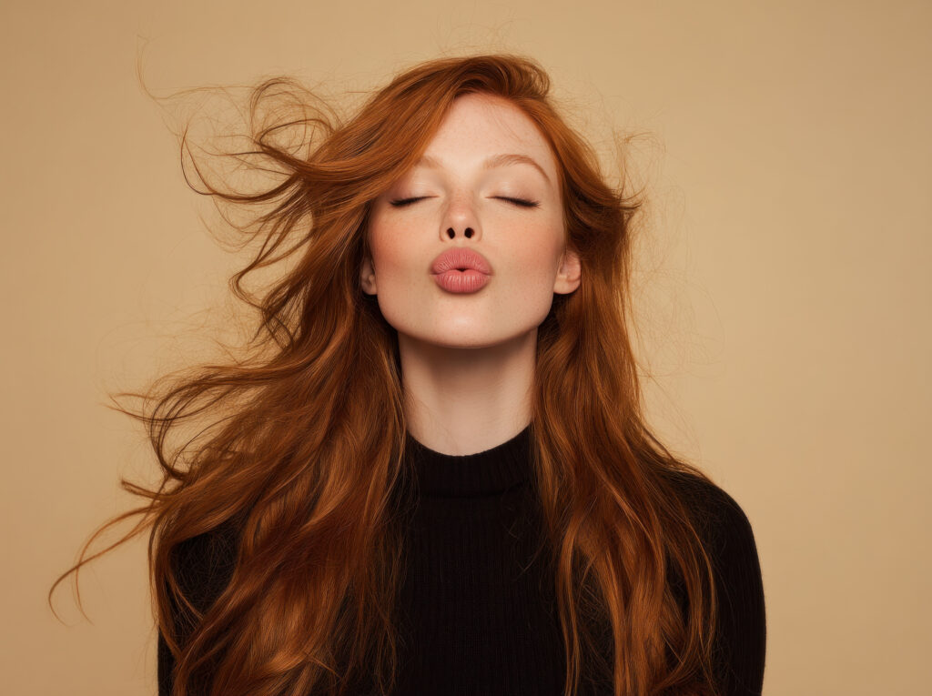 portrait of a young woman with long red hair blowing in the wind, lips puckered in a playful kiss, wearing a dark sweater against a warm beige backdrop.