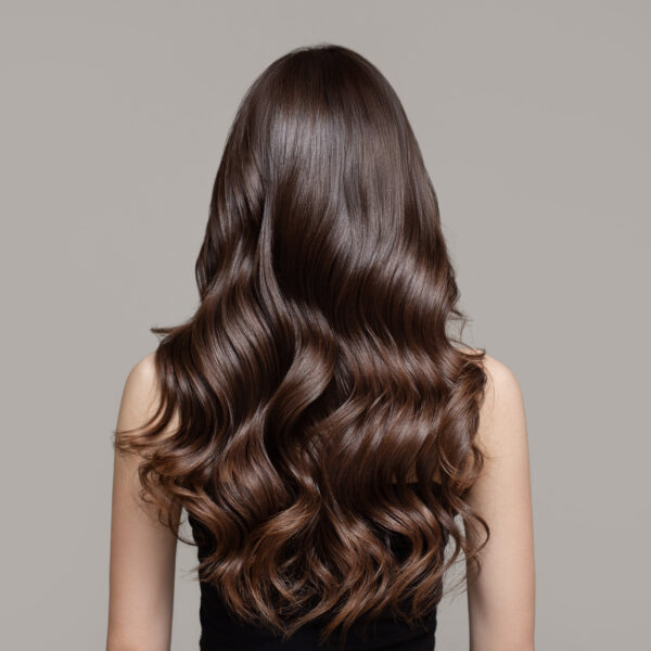 portrait of a beautiful girl with luxurious curly long hair. back view.