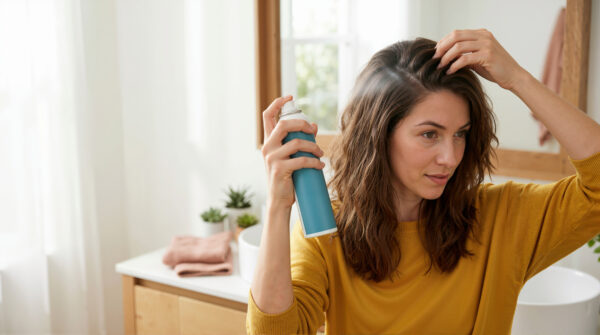 woman applying dry shampoo spray to hair roots in bathroom. female haircare routine and scalp refreshing product application